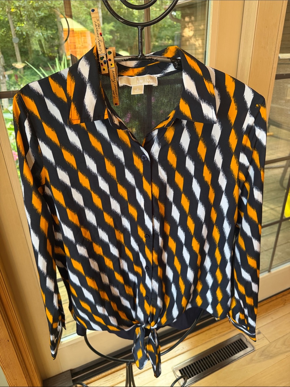 Michael Kors Fall Colors Stripe Tie-Front Button Down Sz S Layering Blouse